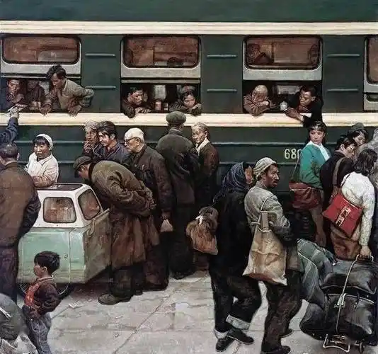 巨幅油画回乡的绿皮火车超震撼