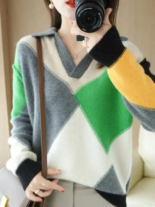 22年春秋新款撞色毛衣女拼接v领羊毛针织宽松打底衫慵懒风外套潮