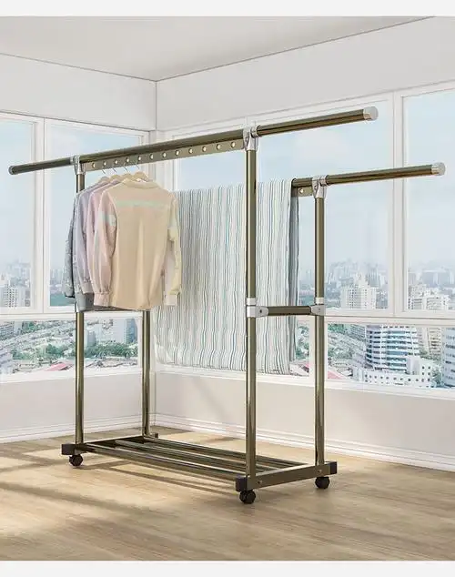 简易晾衣架落地晒衣服架子家用阳台室外晾衣杆双杆式可伸缩挂衣架香槟