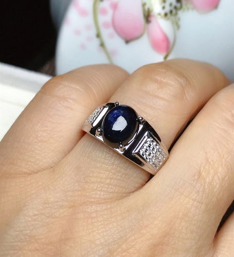男士戒指纯银镶嵌坦桑蓝宝石潮男长方形彩宝个性霸气男戒开口可调已售