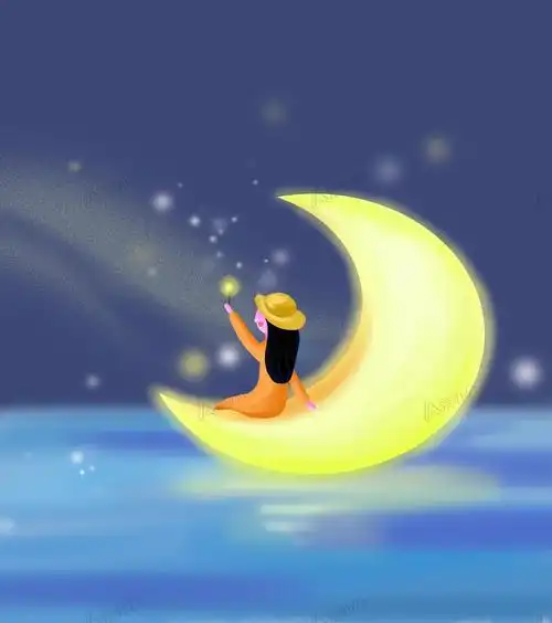 素材元素 免抠元素 卡通手绘 坐在月亮上摘星元素