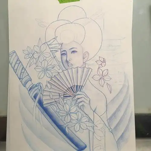 郗先生艺姬武士刀樱花纹身手稿