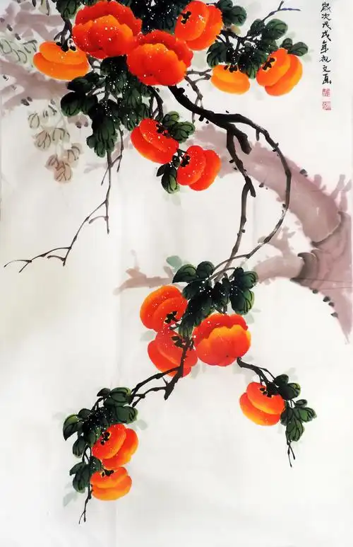 竖幅装饰客厅如意事事柿子四尺手绘水墨画写意国画