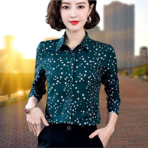 星星印花雪纺衬衫女长袖2021春秋季新款时尚中年妈妈上衣衬衣百搭
