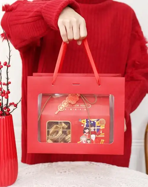 新年手提袋 红色喜庆春节透明开窗西点包装盒袋子纸袋年货礼品袋 红色