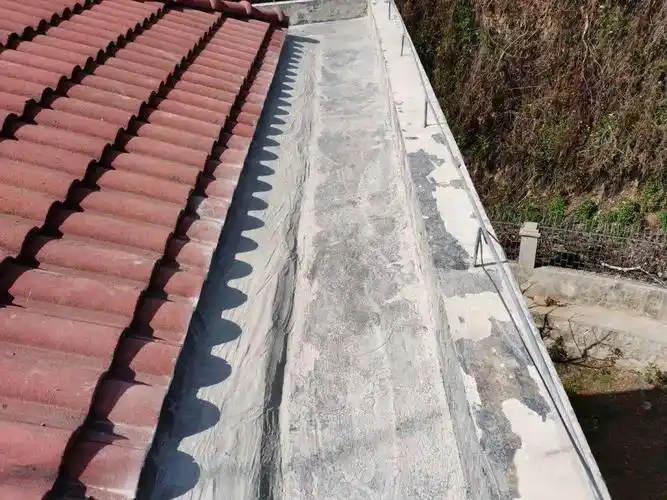 采用"堵漏宝"做成斜坡(图5);1)用清水将瓦面与天沟的搭接部位基层润湿