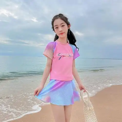 韩版新款儿童泳衣女孩中大童宝宝运动分体裙式游泳衣温泉泳装批发-阿