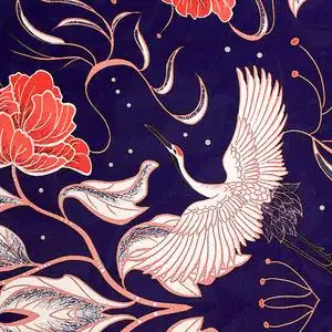 中国风仙鹤图案布料印花面料高档服装汉服古风lolita竹节麻