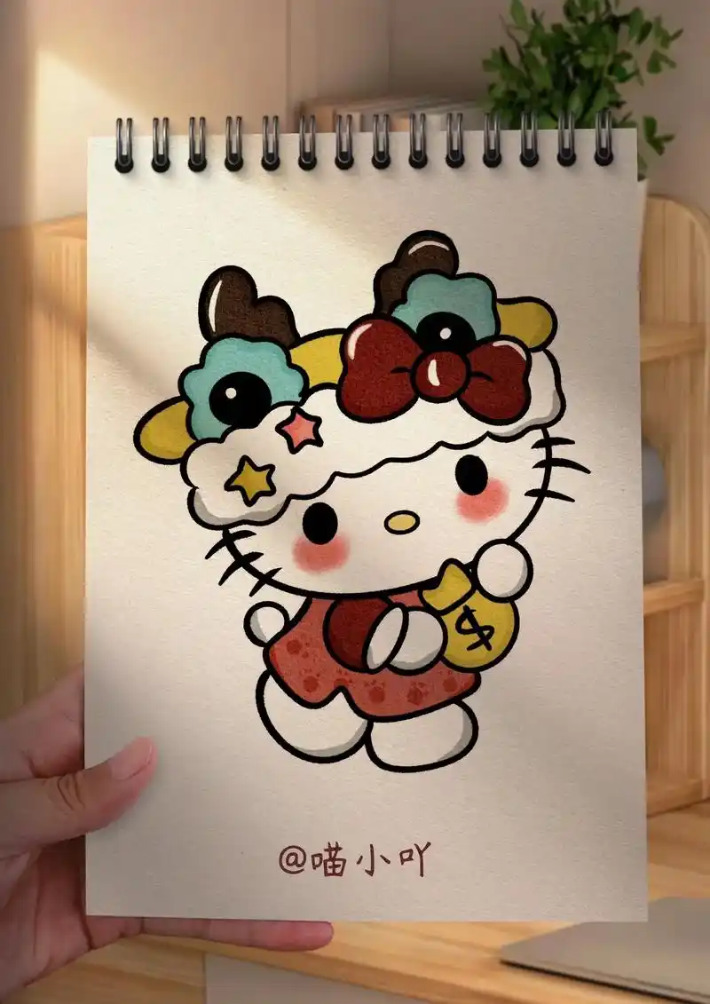 kt猫简笔画.今天画了一只戴着龙年头套的kt猫,喜欢的宝子跟 - 抖音
