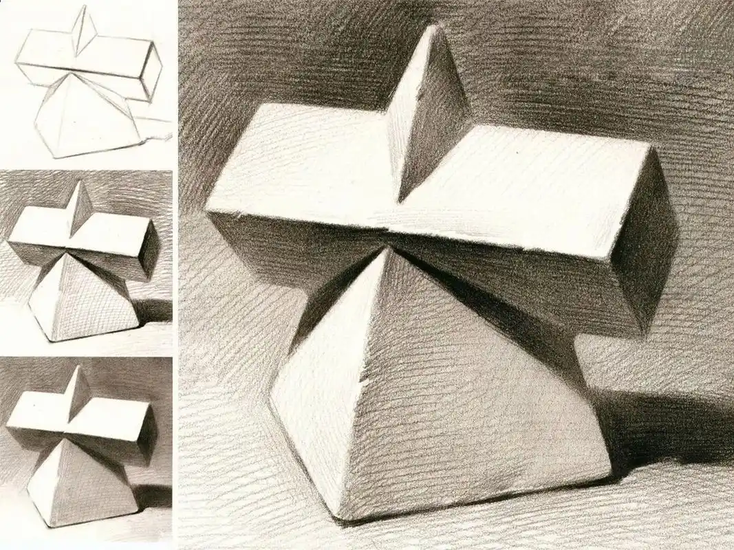 素描长方体四棱柱穿插体画法详解,绘画步骤 96关注我,每天都有绘画