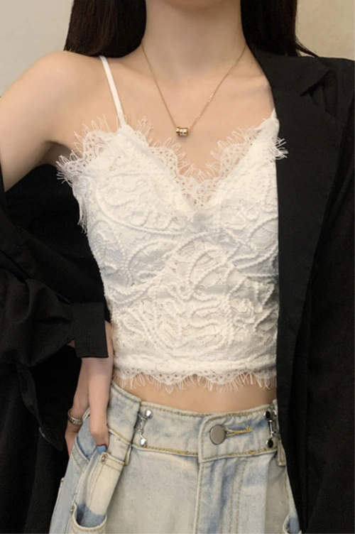 白色蕾丝吊带女内搭夏季带胸垫美背背心网红爆款辣妹短款上衣外穿