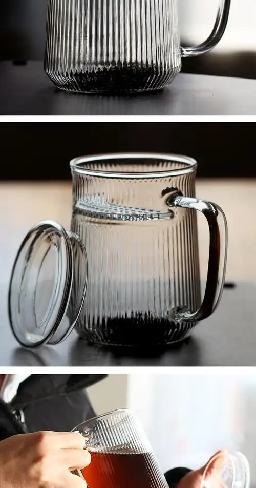 德国进口品质耐热玻璃茶杯 竖纹带盖月牙杯绿茶杯茶水分离泡茶杯大