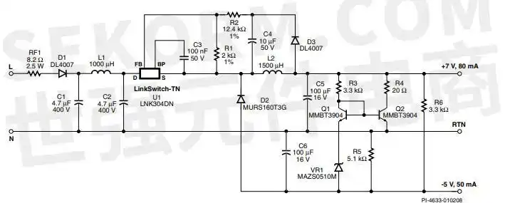 应用lnk304dn离线式开关电源ic为白色家电提供12w非隔离双输出电源