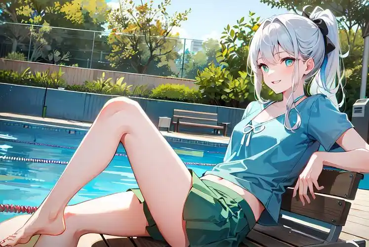 清爽夏日,水池畔的二次元少女插画图片壁纸