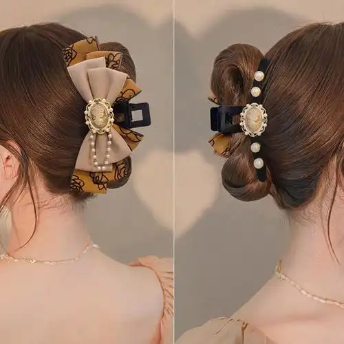 饰品发饰春季新款美拉德玫瑰花发夹发卡布艺蝴蝶结抓夹鲨鱼夹盘发