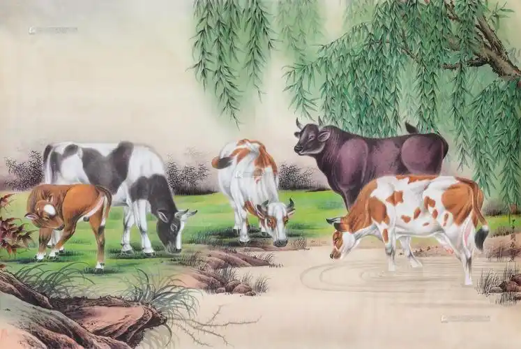 镜心 设色绢本估价_刘广刘广 2004年作 五牛图 镜心 设色绢本高清大