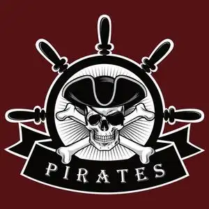 海盗骷髅与交叉的骨头帽子和眼罩红色背景标志设计矢量图照片