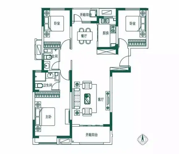 79㎡大开间客厅连接观景阳台,空间随心延展动静分区,生活悠然自得无