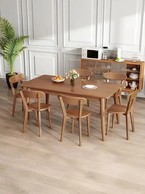 家用小户型餐桌椅组合简约现代橡木长方形饭桌子1508075胡桃色温莎6椅