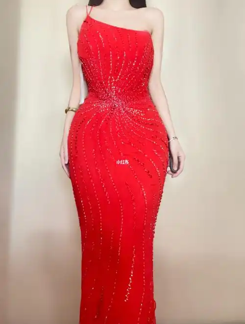 488真丝钉珠红色烟花vintage古董礼服裙