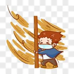 卡通手绘沙尘暴男孩扶住柱子元素