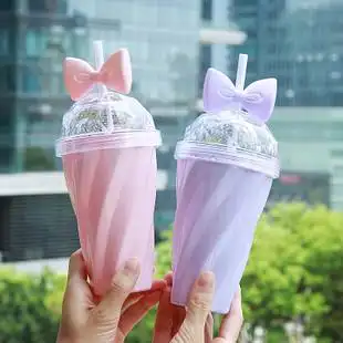 韩版创意蝴蝶结吸管塑料杯学生便携水杯可爱萌妹简约清新随手杯子