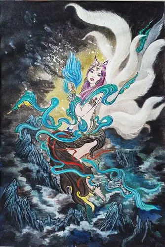 国风手绘插画《九尾狐》