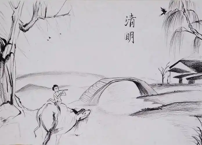古诗,古帖为主,结合大家优美的字迹展现,绘画方面以清明元素以黑白画
