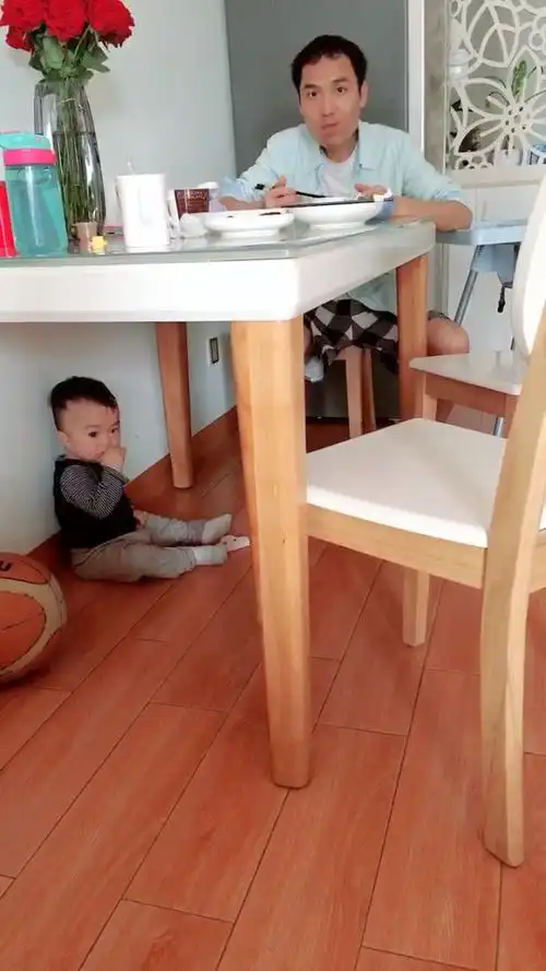 这父子俩个,一个在桌子上狼吞虎咽,一个在桌子底下咬牛肉干咬的津津有