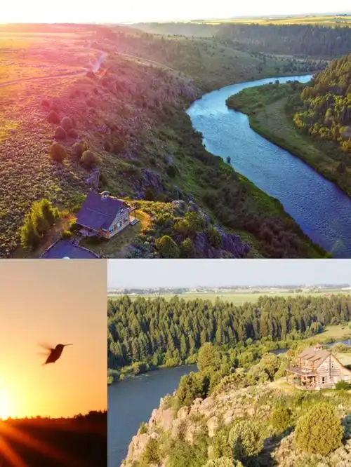 犹他州民宿河边悬崖小木屋看日出蜂鸟