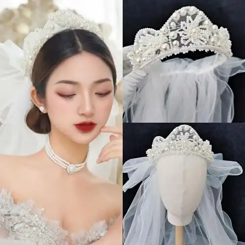 韩式新娘珍珠皇冠白纱仙美造型一体头纱头饰批发婚礼当天配饰