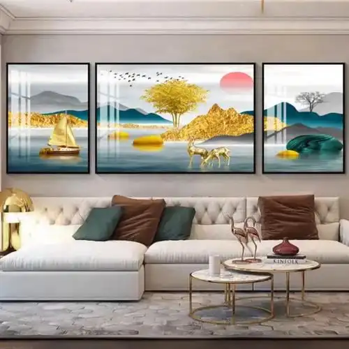 优贝佳装饰画《背靠金山》客厅装饰画三联画沙发背景画-晶瓷镶钻