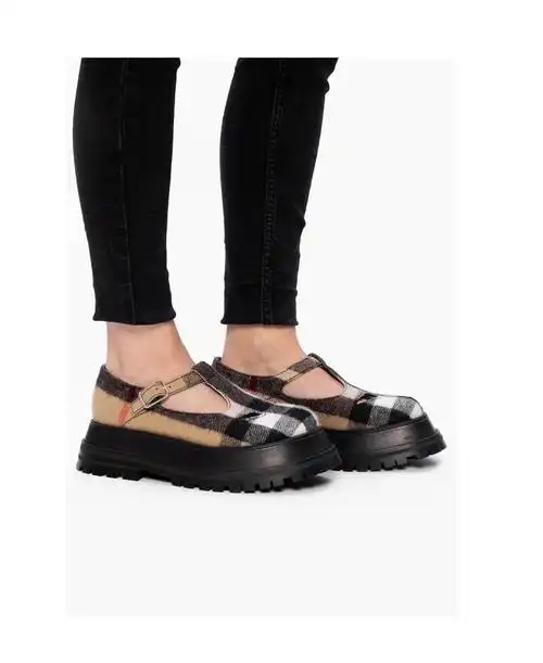 burberry巴宝莉女鞋 格纹羊毛t字型玛丽珍平底鞋 博柏利8034300