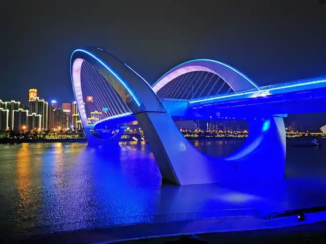 入夜,华灯初上,南宁市邕江上的大桥绚丽多彩,是一道美丽的风景线.