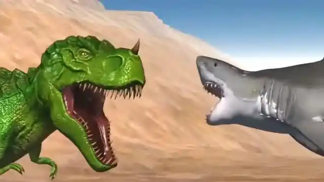 恐龙世界:霸王龙对战鲨鱼,谁输谁赢?