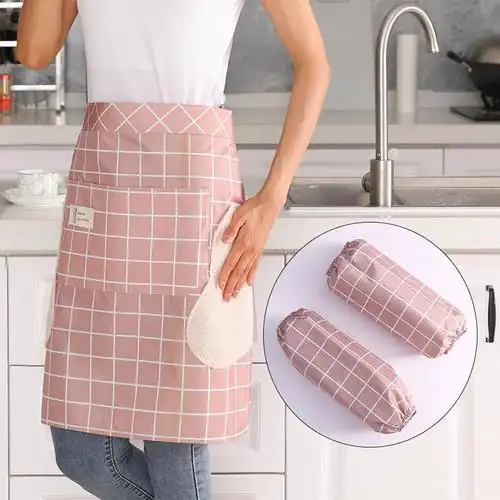 阁版半身围裙短围裙 防水防油方格可爱家用厨房做饭半截小围腰棉布
