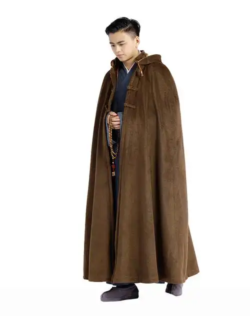 长度到脚踝上的毛绒打坐披风寒冬斗篷连帽禅修披风大衣居士僧服风衣套