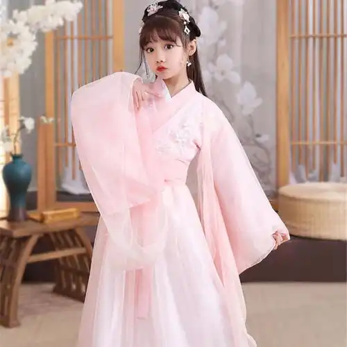 小女孩汉服女童10岁12岁超仙儿童古装汉服古筝演出服新款仙女服中国风