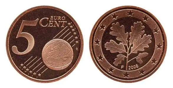 德国五欧分德国硬币,正面5和世界地球仪,背面橡树叶照片