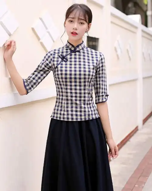 民国风格子旗袍套裙,穿出校园旗袍女神范