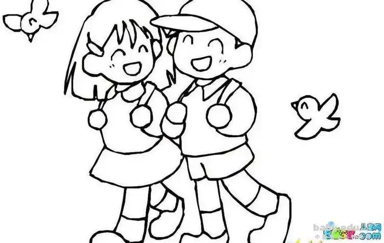 开心的女孩和男孩的简笔画