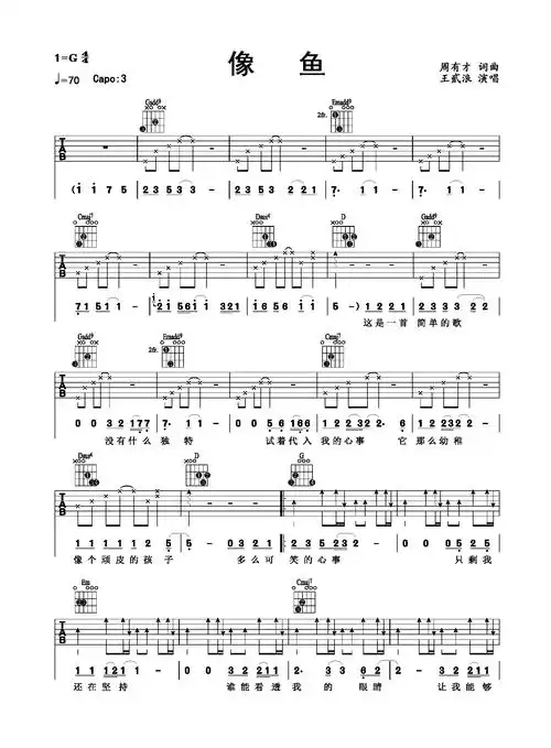 王贰浪,像鱼,吉他弹唱谱g调六线吉他谱-虫虫吉他谱免费下载