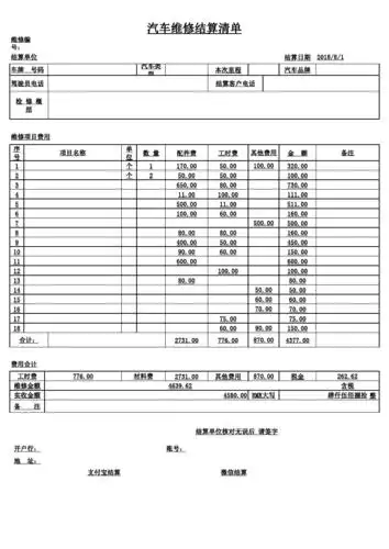 汽车维修结算清单_工作表