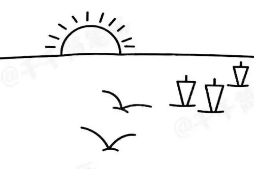 简单漂亮的海上日出风景简笔画步骤图,3分钟就学会