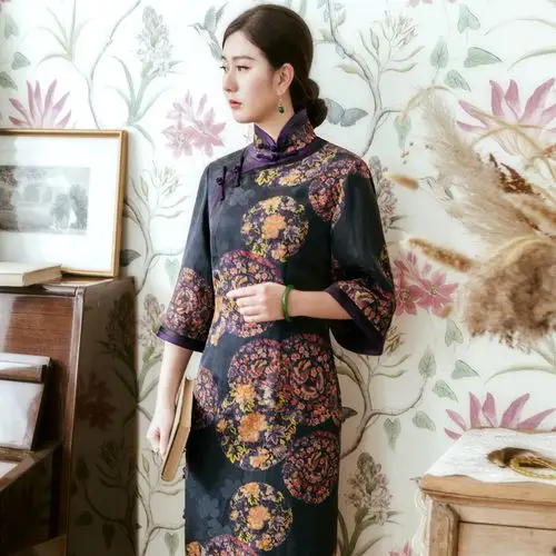 玺玥2020春夏新款复古中国风花罗真丝香云纱七分袖长款旗袍连衣裙