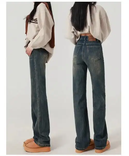 水泥灰窄版阔腿牛仔裤女春季潮流百搭新款复古高腰显瘦直筒拖地裤