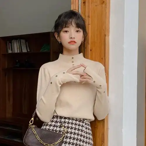 2019秋冬新款半高领长袖针织衫女学生套头毛衣修身圆领内搭打底衫