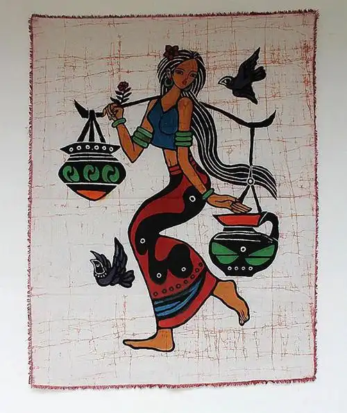 苗族蜡染民族风酒吧人物无框画布艺壁画手绘现代装饰画