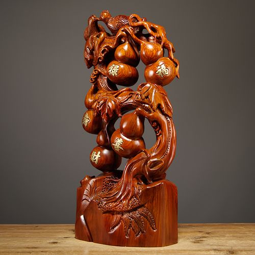 花梨木雕福禄寿喜财葫芦摆件五福福临门红木工艺品木雕