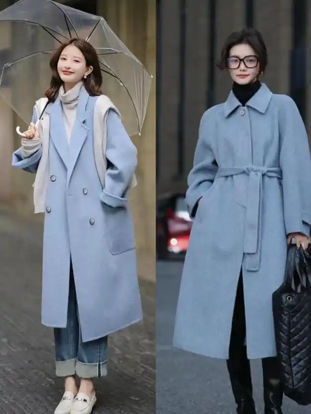 大衣别总穿黑白灰了雾霾蓝大衣温柔又显白带来冬日朦胧美
